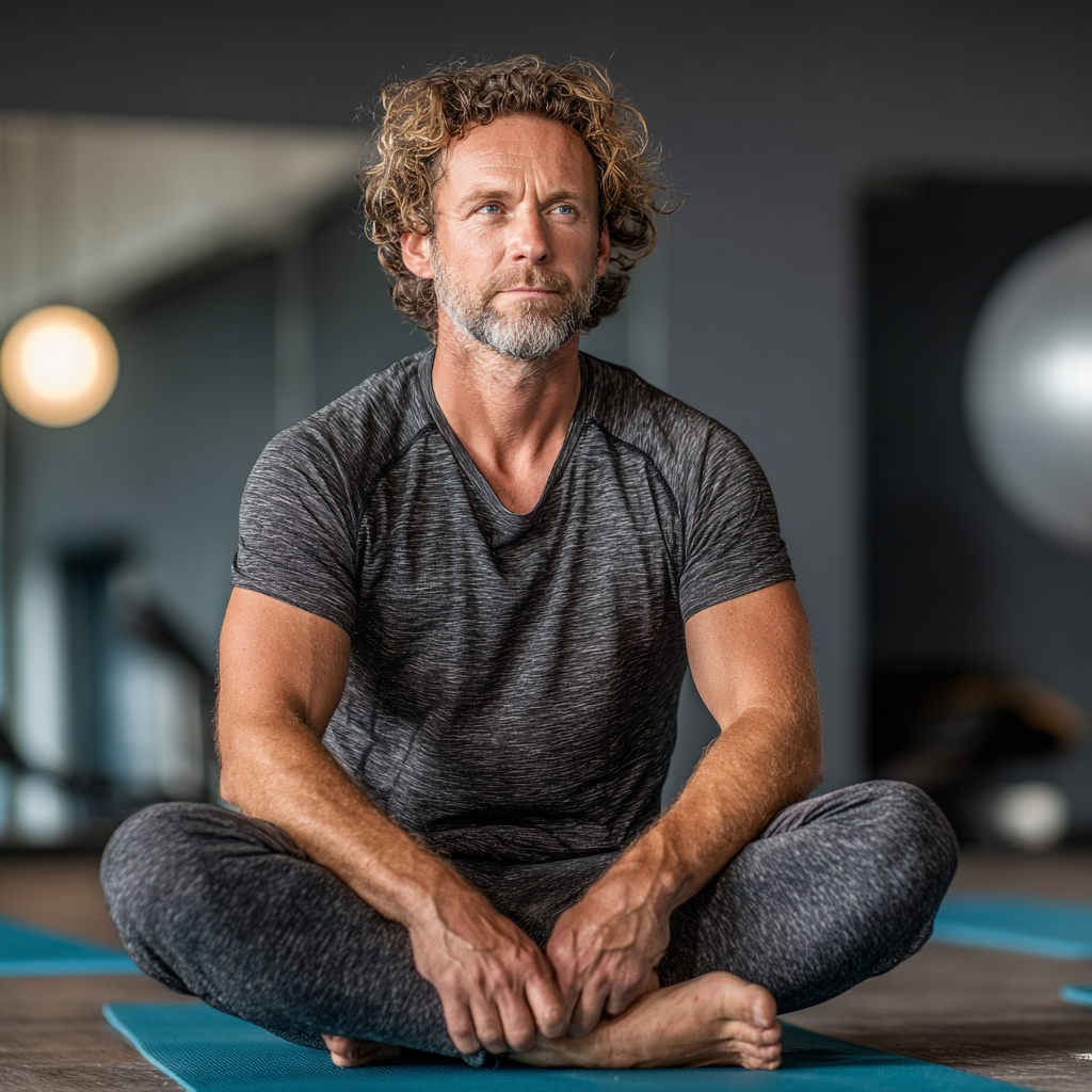 Active middle-aged man in his 40s doing stretching exercises on yoga mat in bright fitness studio, wearing comfortable workout clothes and demonstrating proper form