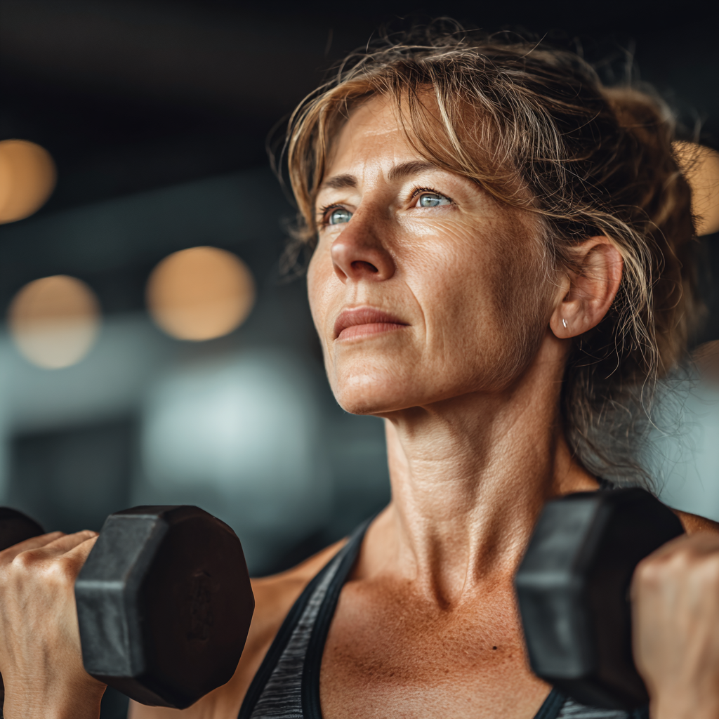 Fit and confident middle-aged woman in her 50s exercising with dumbbells in modern gym, wearing athletic clothing and showing determination during strength training workout